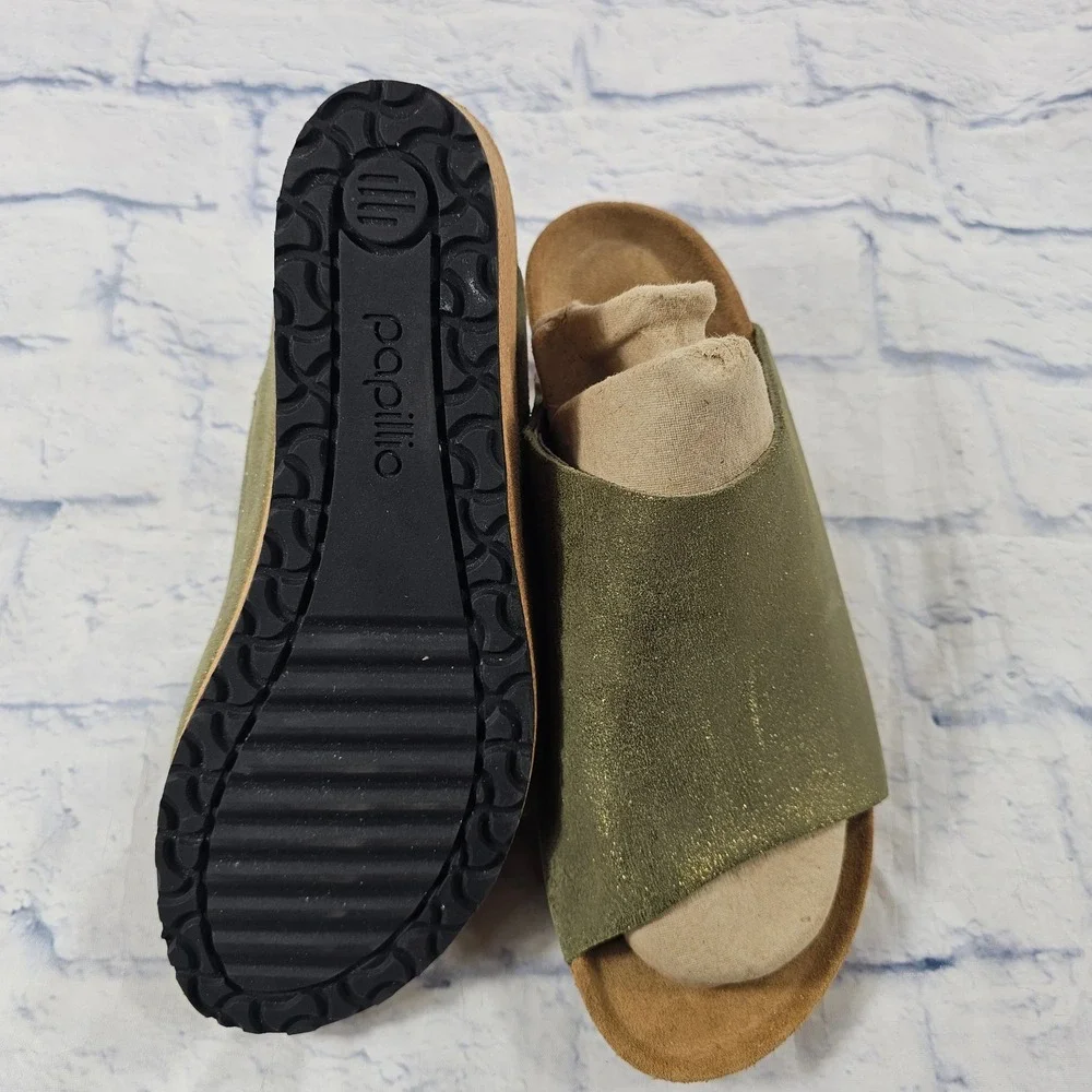 Papillio Birkenstock Namica Wedge Sandals Women 41 US 10 Metallic Olive Green